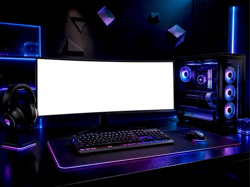 Gaming Pc Setup Mockup – Rgb Tower Curved Monitor (PSD) alternate mockup preview