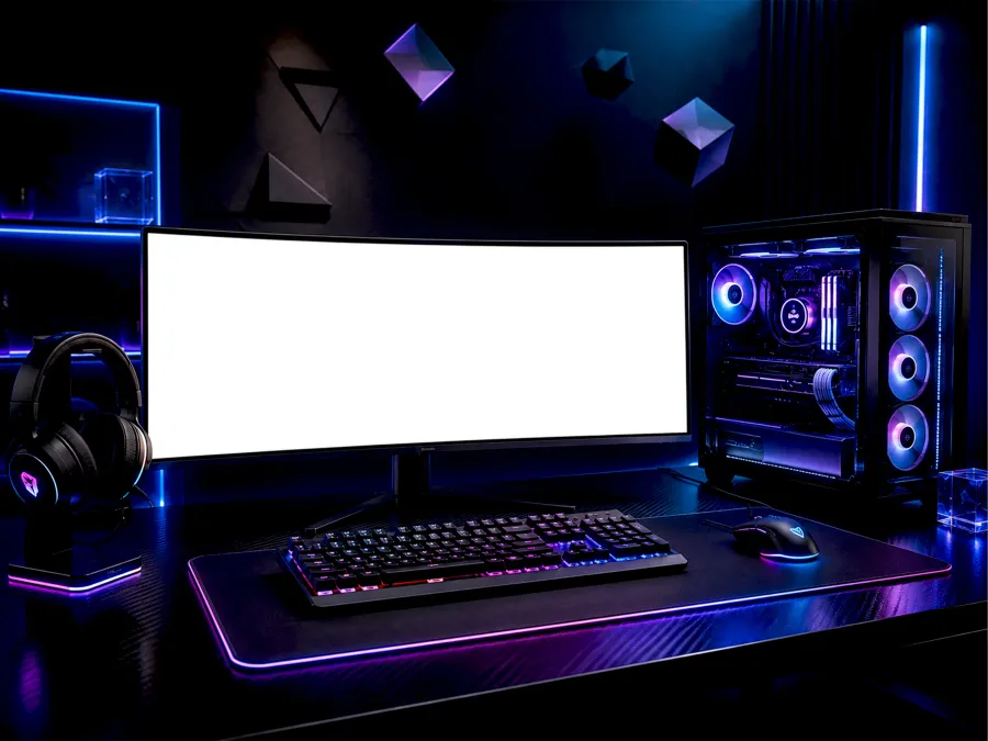 GAMING PC SETUP MOCKUP – RGB TOWER CURVED MONITOR (PSD) mockup preview 2