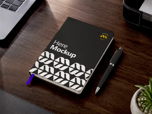Black hardcover notebook with white pattern and pen on dark wood  desk, branded mockup with logo and purple bookmark ribbon