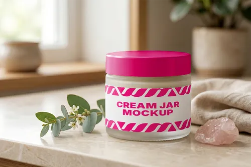 Free Cosmetic Cream Jar Mockup On Marble — Organic Spa Scene (PSD) mockup preview