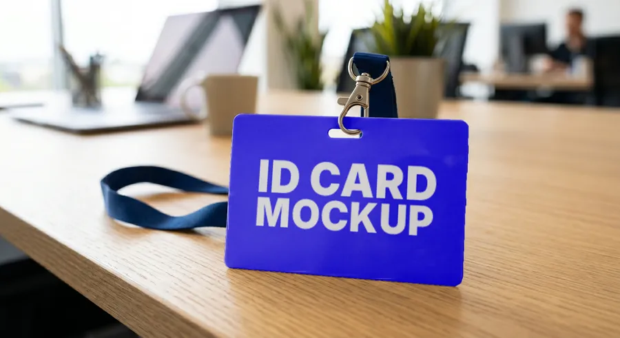 FREE ID CARD MOCKUP — BLUE LANYARD OFFICE SCENE (PSD) mockup preview 2