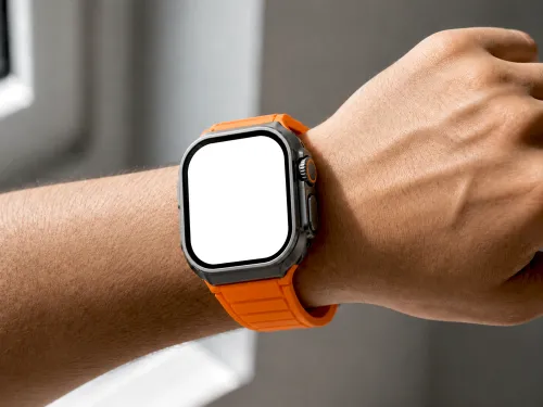 Apple Watch Ultra Mockup – Orange Band Wrist Closeup (PSD) alternate mockup preview