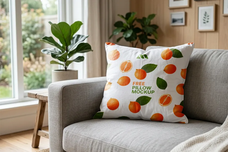 FREE SQUARE PILLOW MOCKUP ON SOFA — LIVING ROOM LIFESTYLE SCENE (PSD) mockup preview 3