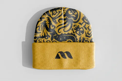 Free Knit Beanie Hat With Folded Cuff Mockup — Flat Lay (PSD) mockup preview