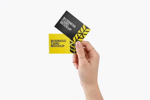 Free Dual Business Card Mockup Held In Hand — Minimal White Studio (PSD) mockup preview