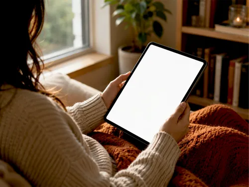 Ipad Tablet In Hands Mockup – Cozy Reading Nook Scene (PSD) alternate mockup preview