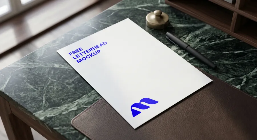 FREE LETTERHEAD MOCKUP ON MARBLE DESK WITH SEAL STAMP (PSD) mockup preview 2