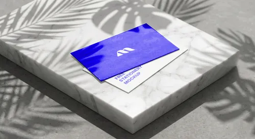 Free Business Card Mockup On Marble Slab — Tropical Shadow Scene (PSD) mockup preview