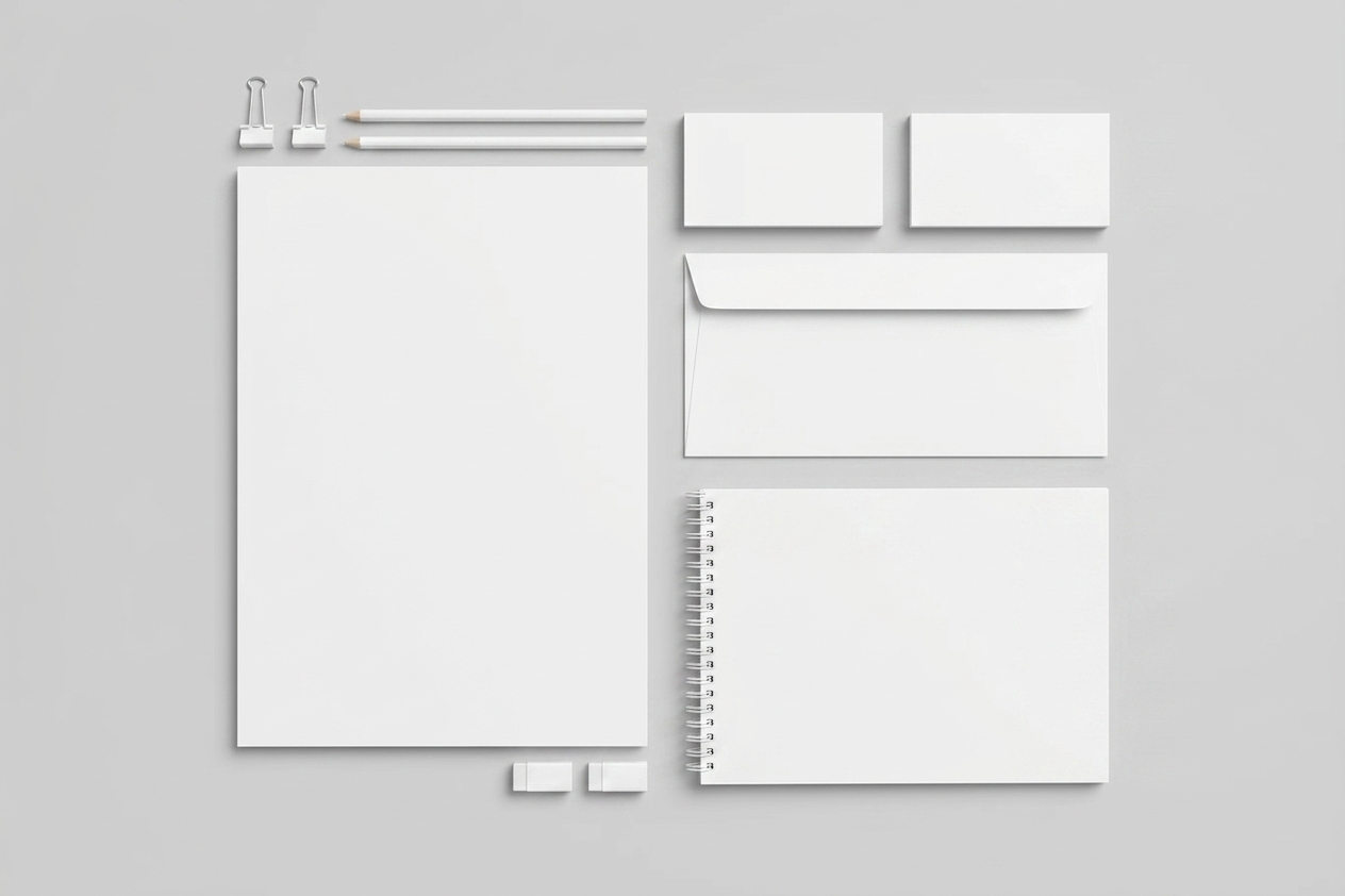 Free Stationery Mockup Set — Letterhead Spiral Notebook Pencil Eraser (PSD) alternate mockup preview