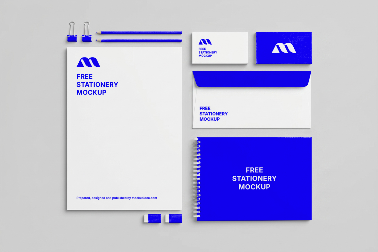 Free Stationery Mockup Set — Letterhead Spiral Notebook Pencil Eraser (PSD) mockup preview