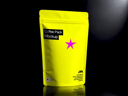 Stand Up Pouch Mockup – Yellow Coffee Bag Dramatic (PSD) mockup preview