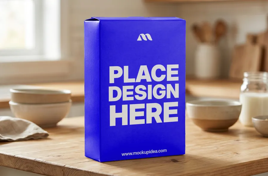 FREE CEREAL BOX PACKAGING MOCKUP IN KITCHEN LIFESTYLE SCENE (PSD) mockup preview 2