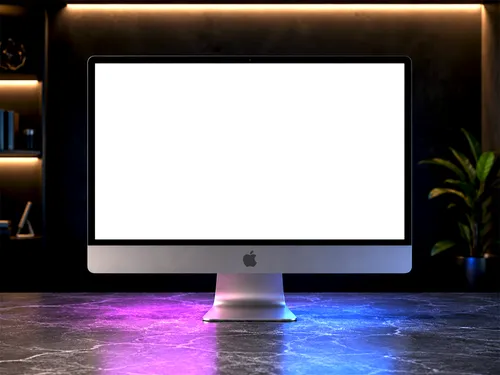 Free Imac Mockup On Dark Marble Desk — Neon Studio Scene (PSD) alternate mockup preview