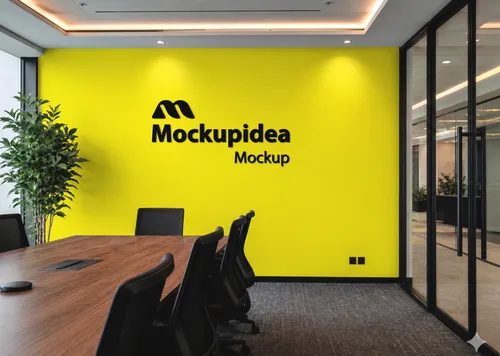 Free 3D Logo Mockup On Boardroom Wall — Meeting Room Scene (PSD) mockup preview