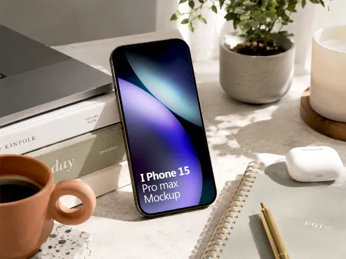 Iphone 15 Pro Max Mockup – Styled Desk Stand Scene (PSD) mockup preview