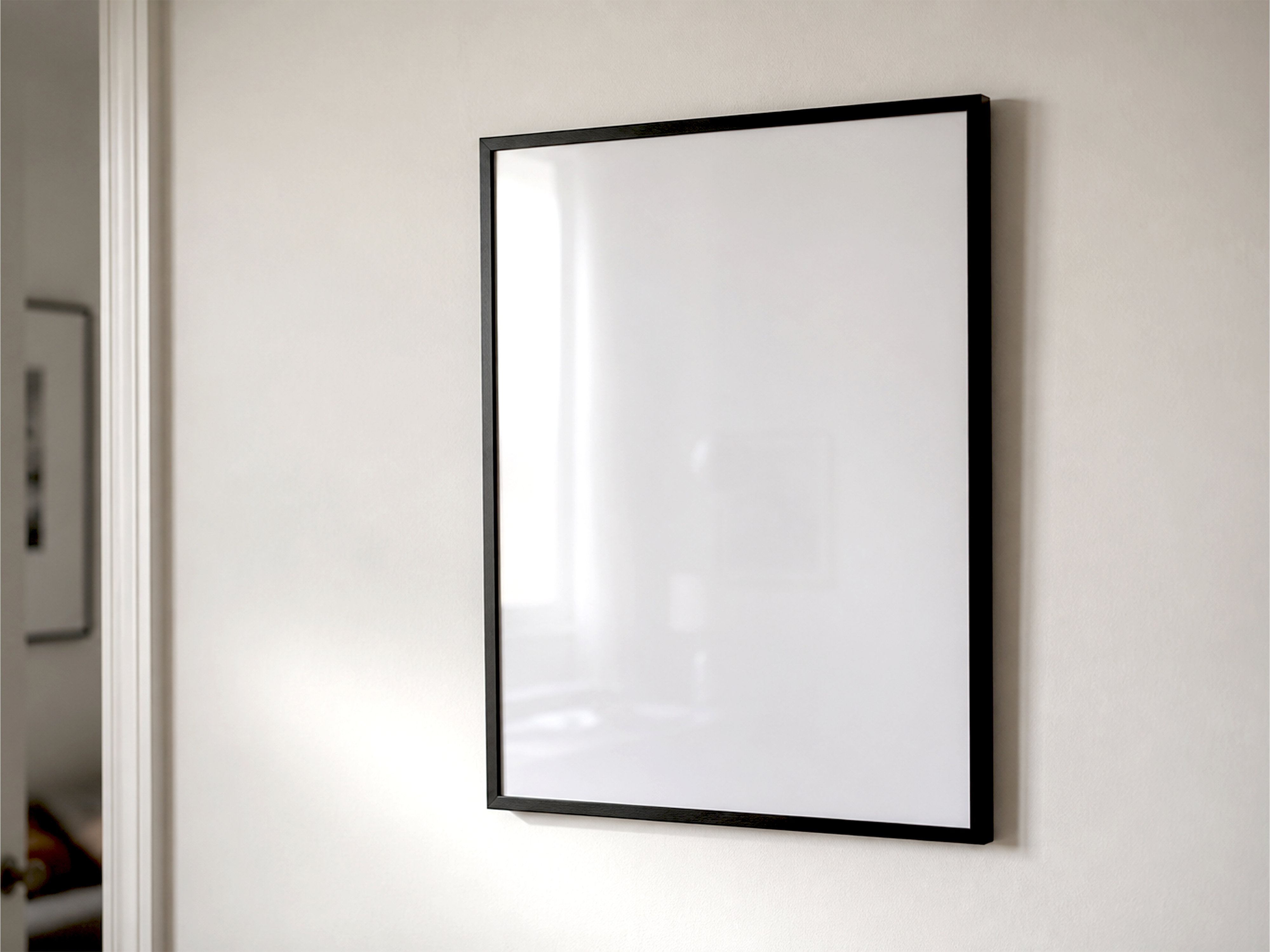 FREE FRAMED POSTER MOCKUP ON RED INTERIOR WALL — BLACK FRAME (PSD) mockup preview 2