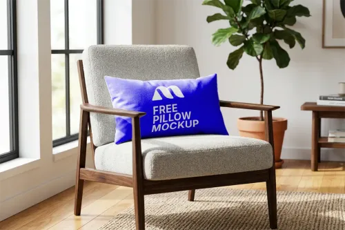 Free Square Pillow Mockup — Living Room Armchair Lifestyle (PSD) mockup preview