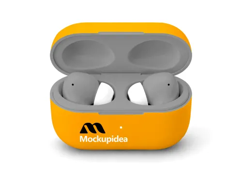 Wireless Earbuds Case Mockup – Orange Open Case View (PSD) mockup preview