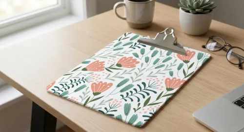 Free Floral Clipboard Mockup — Bright Workspace Lifestyle (PSD) mockup preview