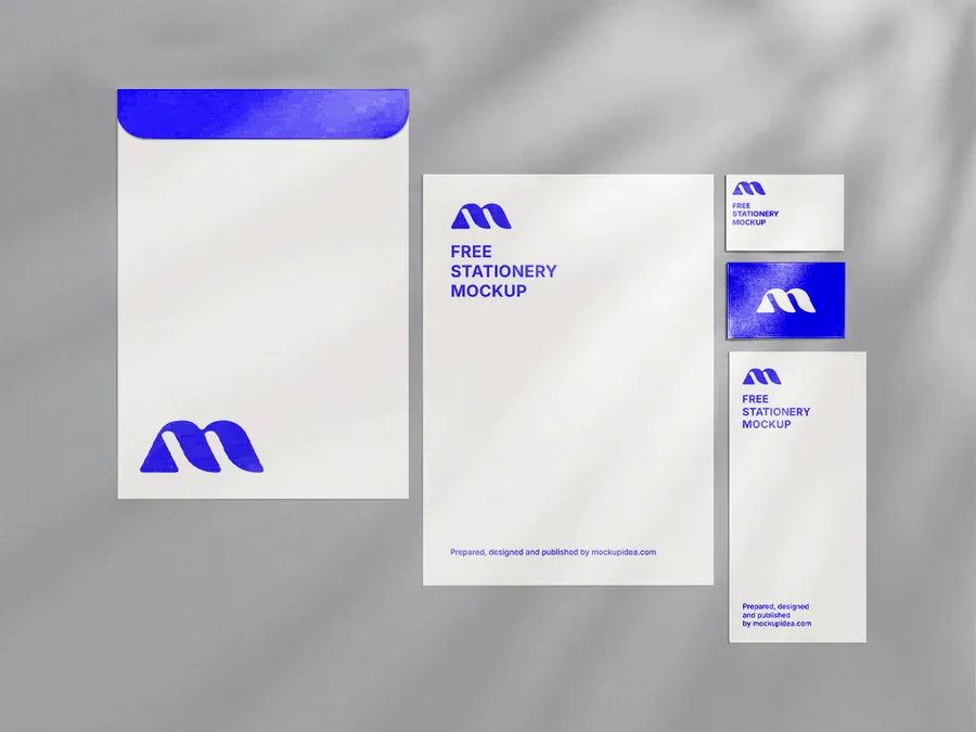 FREE STATIONERY MOCKUP FLAT LAY — ENVELOPE LETTERHEAD CARDS OVERHEAD (PSD) mockup preview 3