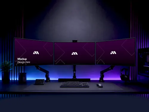Triple Monitor Mockup – Purple Rgb Gaming Desk Setup (PSD) mockup preview