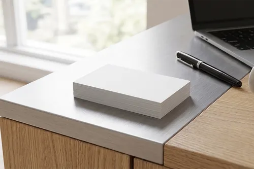 Free Business Card Stack Mockup On Brushed Steel Desk — Natural Light (PSD) alternate mockup preview