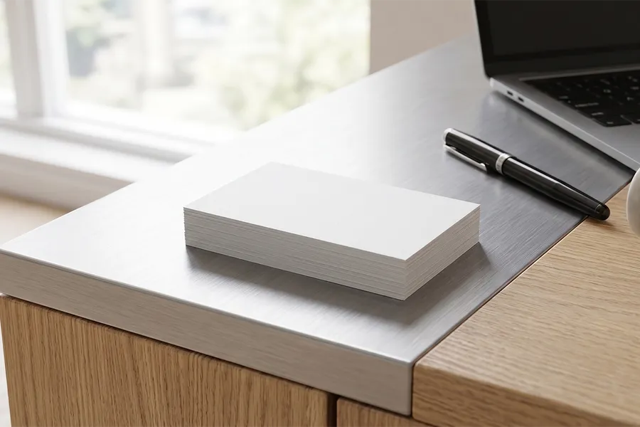 FREE BUSINESS CARD STACK MOCKUP ON BRUSHED STEEL DESK — NATURAL LIGHT (PSD) mockup preview 2