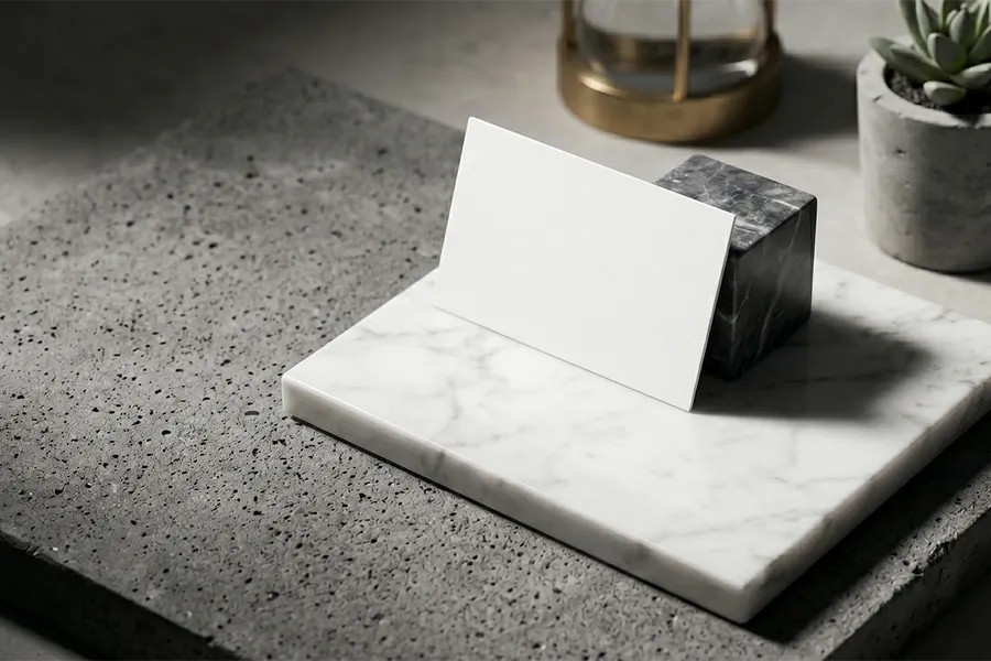 FREE BUSINESS CARD MOCKUP IN MARBLE BLOCK HOLDER — LUXURY DESK SCENE (PSD) mockup preview 2
