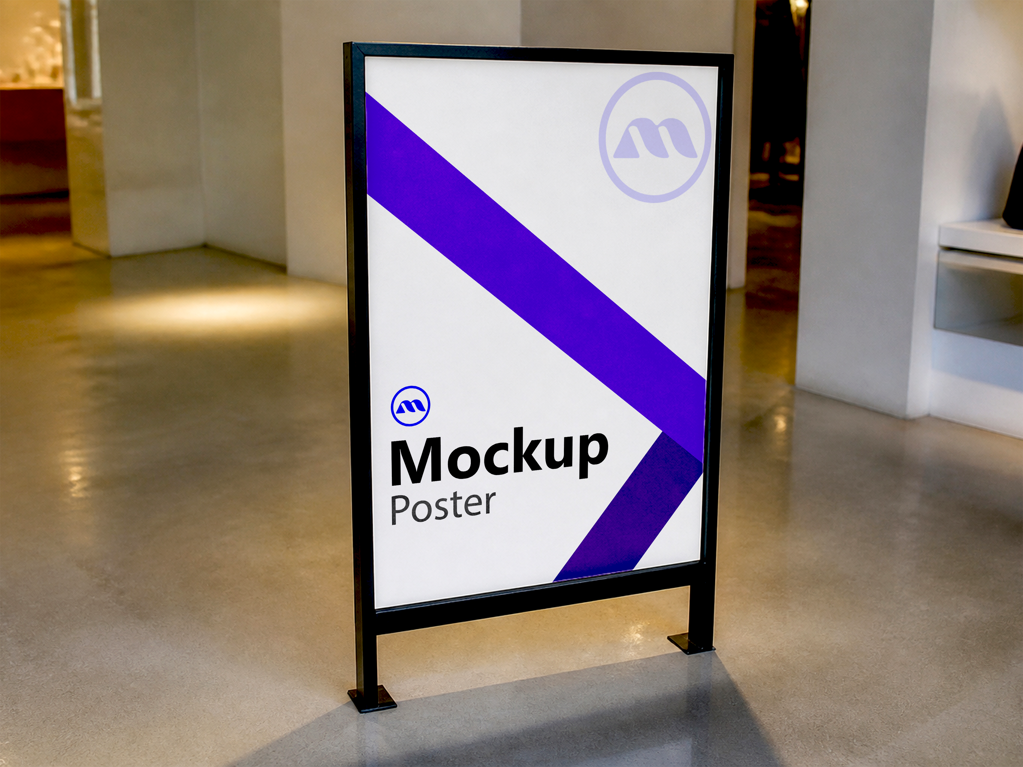 Free Freestanding Poster Stand Mockup — Indoor Retail Gallery Scene (PSD) mockup preview