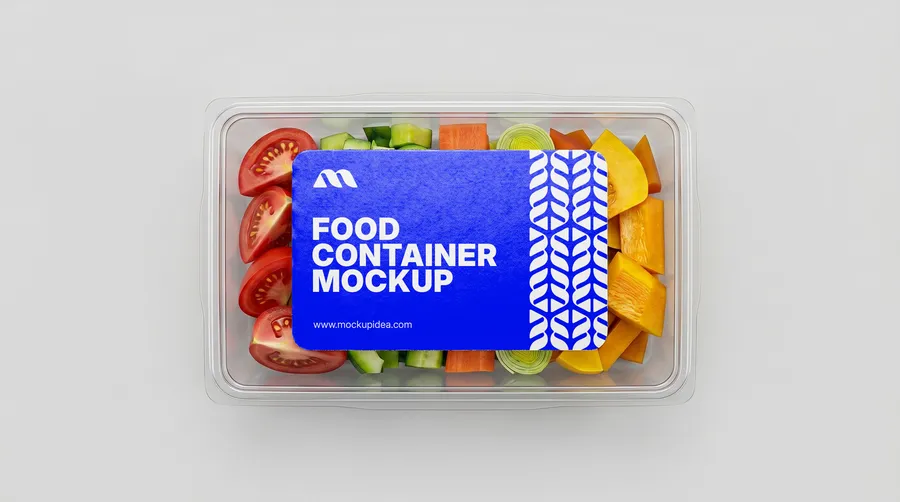 FREE CLEAR PLASTIC FOOD CONTAINER MOCKUP WITH LABEL SLEEVE — TOP VIEW (PSD) mockup preview 2