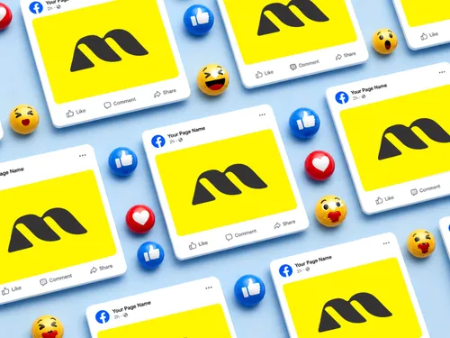 Repeating grid of Facebook post mockups with yellow image areas  surrounded by 3D like love and wow reaction emojis on blue background