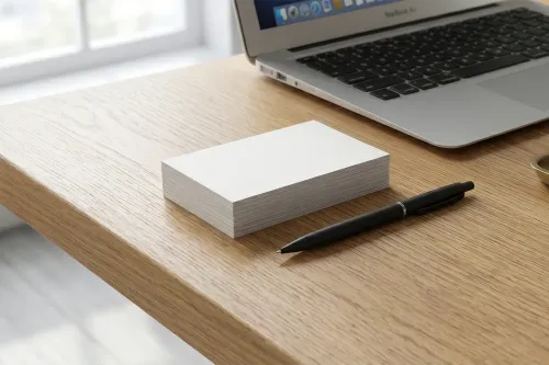 Free Business Card Stack Mockup — Macbook Daylight Desk (PSD) alternate mockup preview