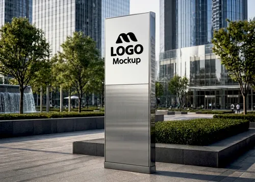 Free Corporate Totem Pylon Sign Mockup — Logo On Steel Plaza (PSD) mockup preview