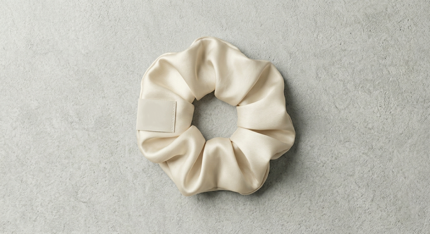 Free Scrunchie Mockup Flat Lay With Woven Label — Concrete (PSD) alternate mockup preview
