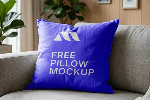 Free Square Pillow Mockup On Sofa — Living Room Lifestyle Scene (PSD) mockup preview