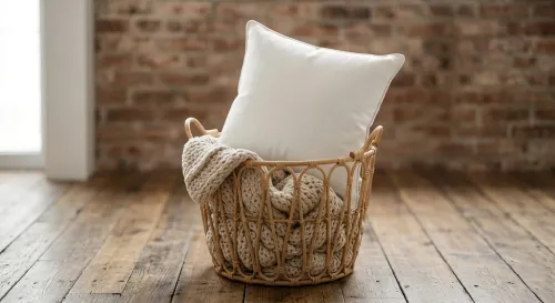 Free Pillow Mockup In Wicker Basket — Farmhouse Rustic (PSD) alternate mockup preview