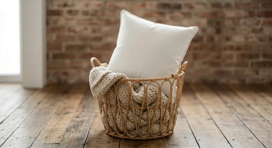 FREE PILLOW MOCKUP IN WICKER BASKET — FARMHOUSE RUSTIC (PSD) mockup preview 3