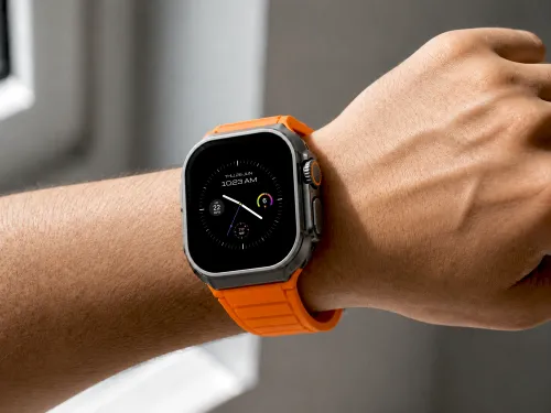 Apple Watch Ultra Mockup – Orange Band Wrist Closeup (PSD) mockup preview