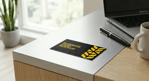 Free Business Card Mockup On Steel Desk — Modern Office Scene (PSD) mockup preview