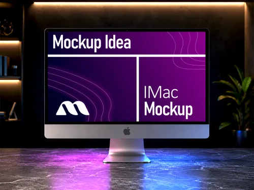 Free Imac Mockup On Dark Marble Desk — Neon Studio Scene (PSD) mockup preview