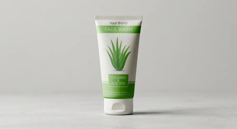 FREE FACE WASH TUBE MOCKUP STANDING UPRIGHT — FRONT VIEW (PSD) mockup preview 3