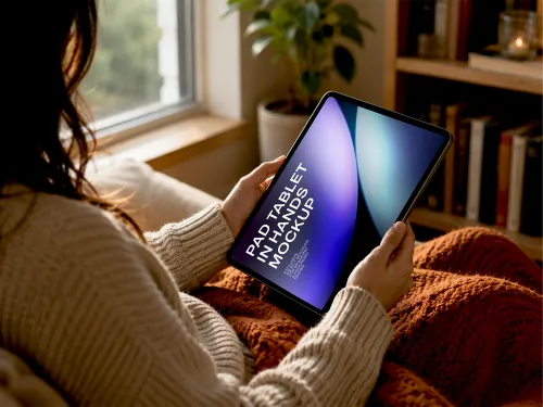 Ipad Tablet In Hands Mockup – Cozy Reading Nook Scene (PSD) mockup preview