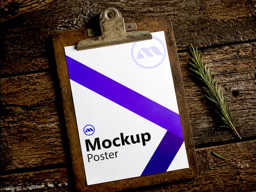 Free Clipboard Poster Mockup On Rustic Wood — Rosemary Sprig Scene (PSD) mockup preview