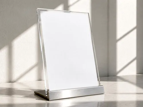 Free Acrylic Table Sign Stand Mockup — Red Wall Window Shadow (PSD) alternate mockup preview