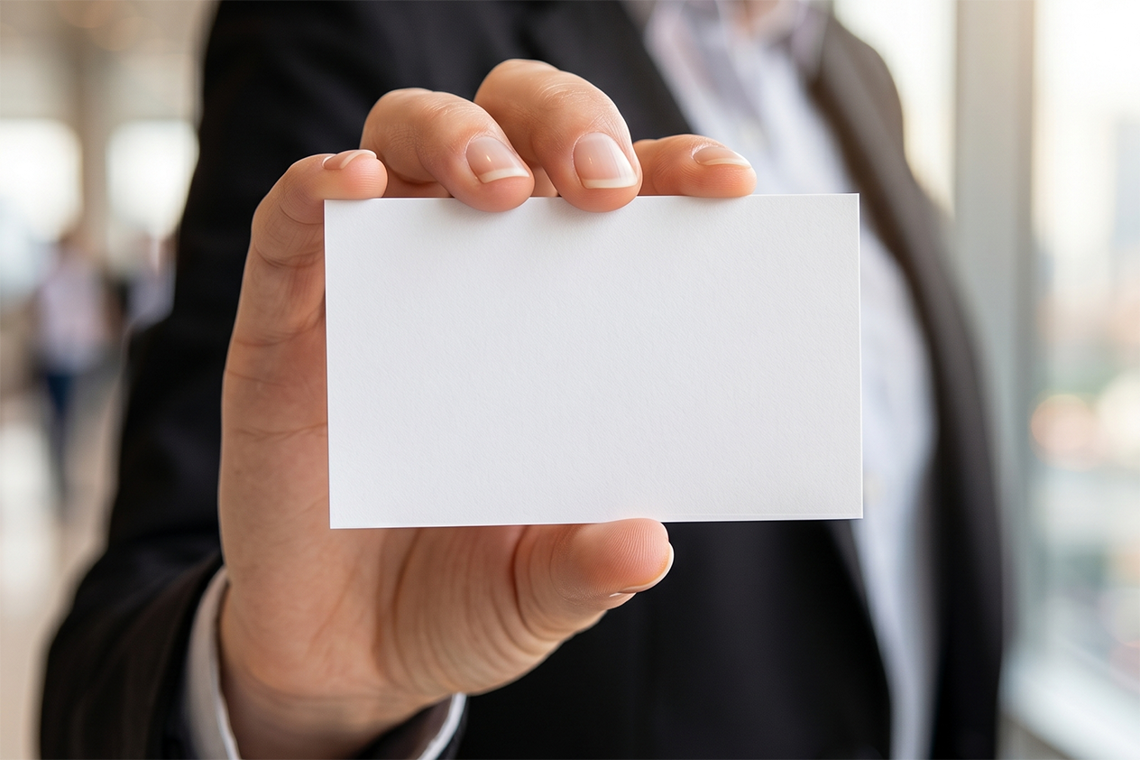 FREE BUSINESS CARD MOCKUP HELD FORWARD BY BUSINESSMAN — CLOSE UP (PSD) mockup preview 2