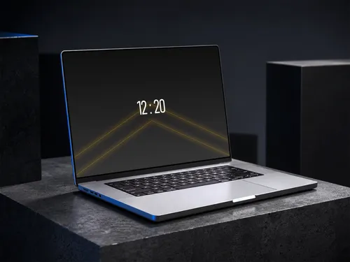 Free Macbook Pro Mockup On Dark Stone Pedestal — Cinematic Scene (PSD) mockup preview