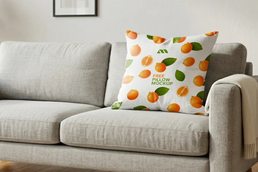 FREE PILLOW MOCKUP ON LINEN SOFA WITH THROW BLANKET (PSD) mockup preview 2