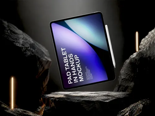 Free Tablet & Stylus Mockup — Dark Rock Cinematic Scene (PSD) mockup preview