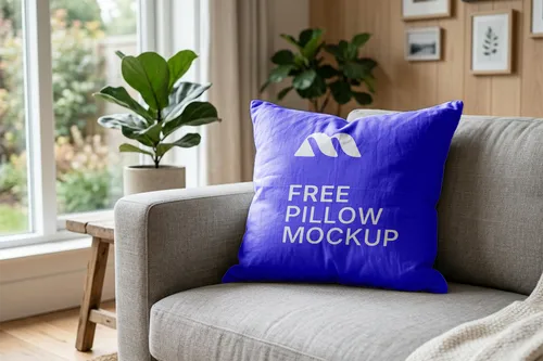Free Square Pillow Mockup On Sofa — Living Room Lifestyle Scene (PSD) alternate mockup preview