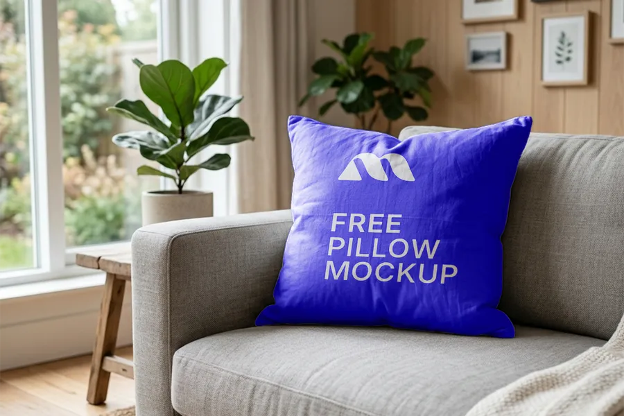 FREE SQUARE PILLOW MOCKUP ON SOFA — LIVING ROOM LIFESTYLE SCENE (PSD) mockup preview 4